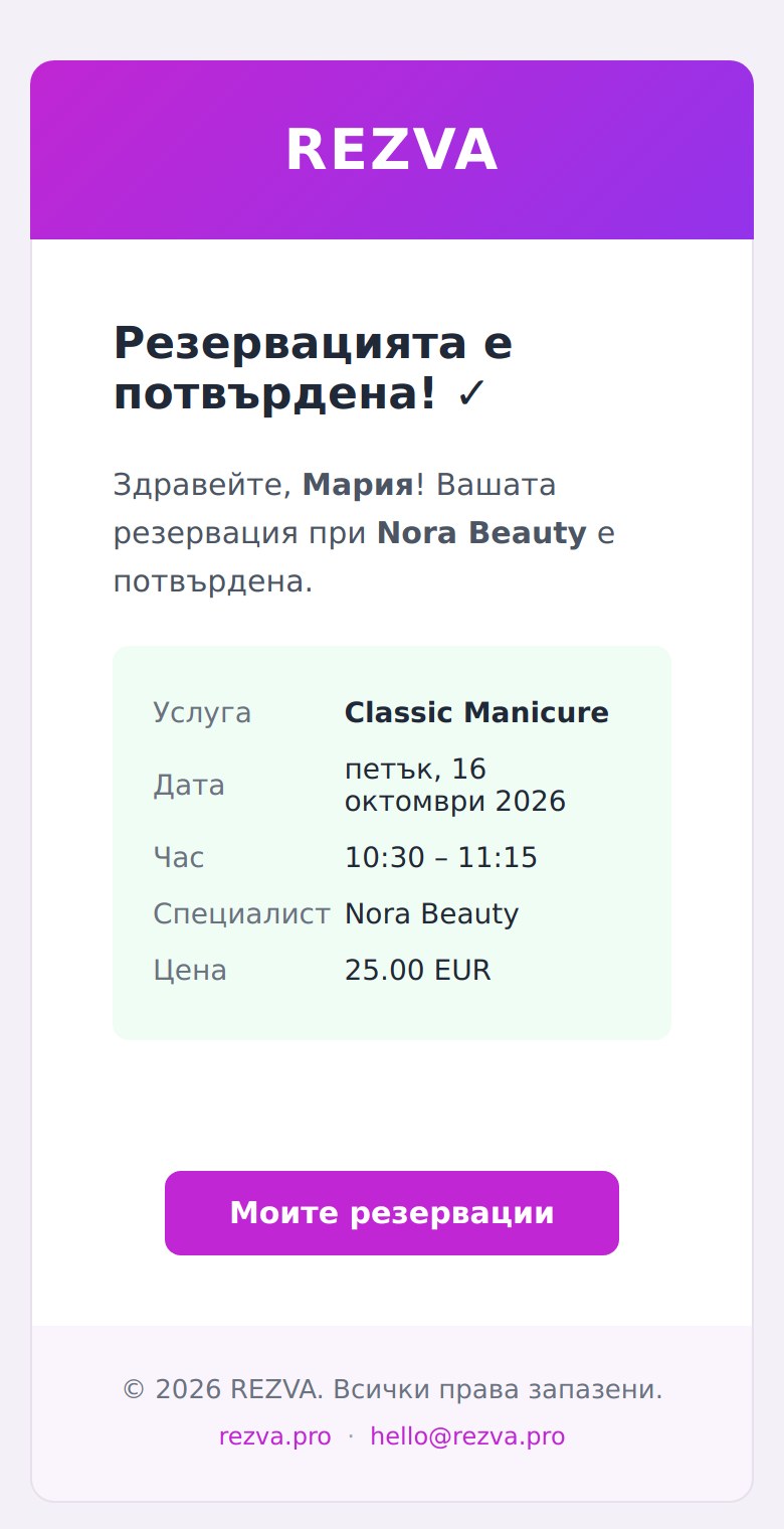 Имейл с потвърждение на резервация от REZVA