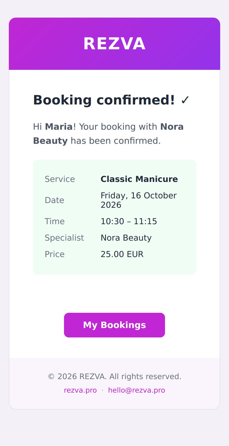 A REZVA booking confirmation email
