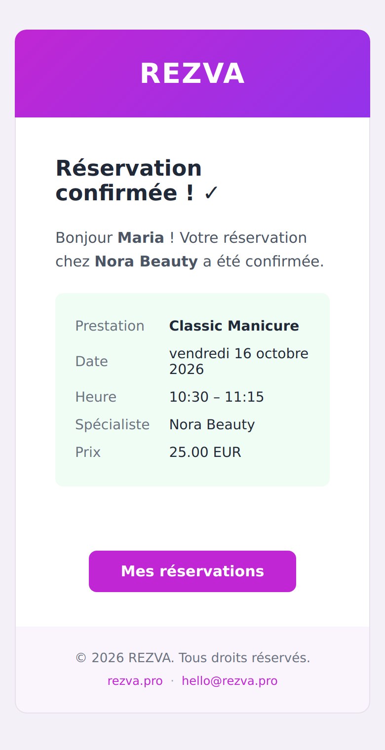 Un e-mail de confirmation REZVA