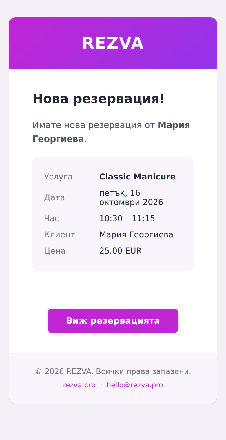 Имейл за нова резервация от REZVA