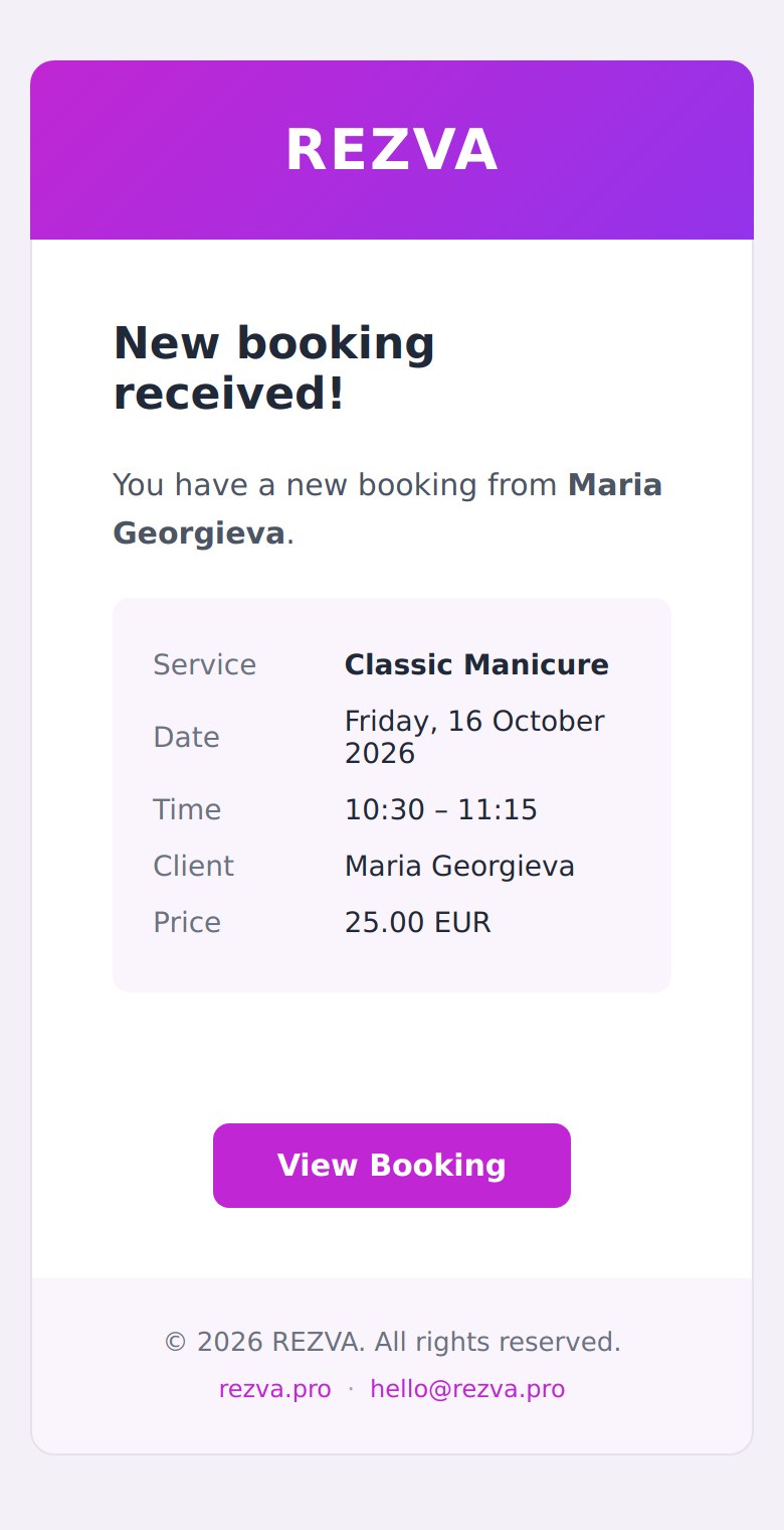 A REZVA new booking email