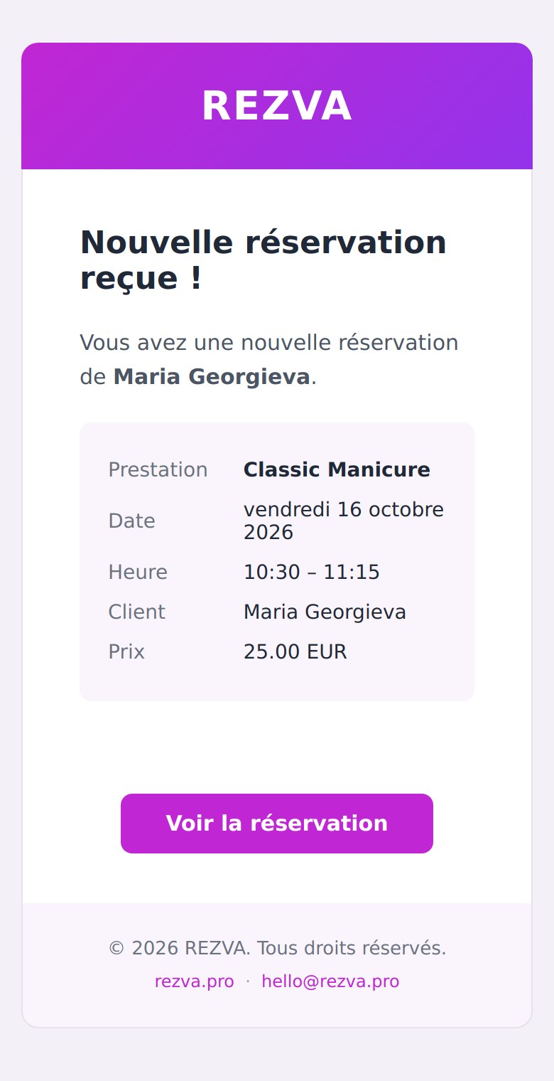 Un e-mail REZVA de nouvelle réservation