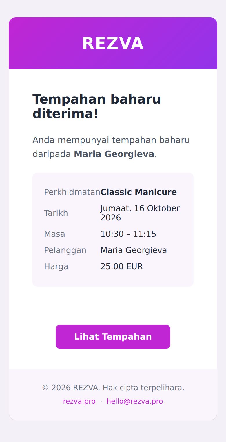 E-mel tempahan baharu REZVA