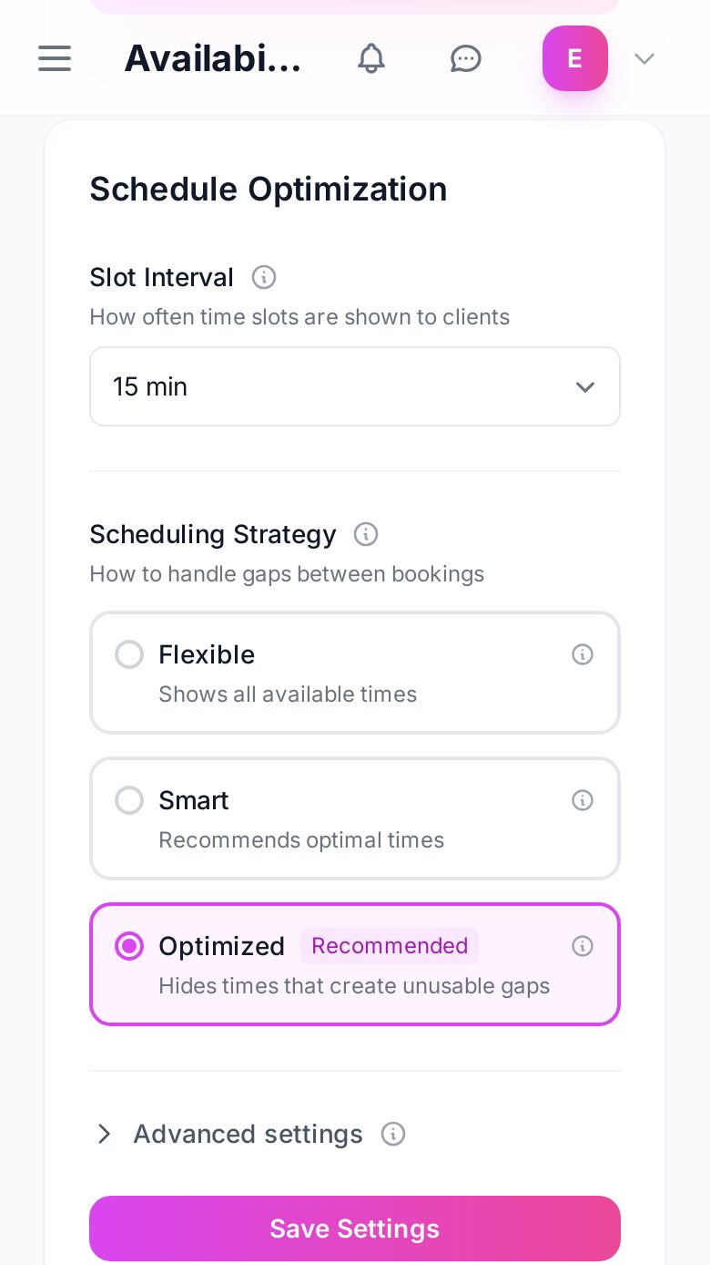 The schedule optimisation setting in the dashboard