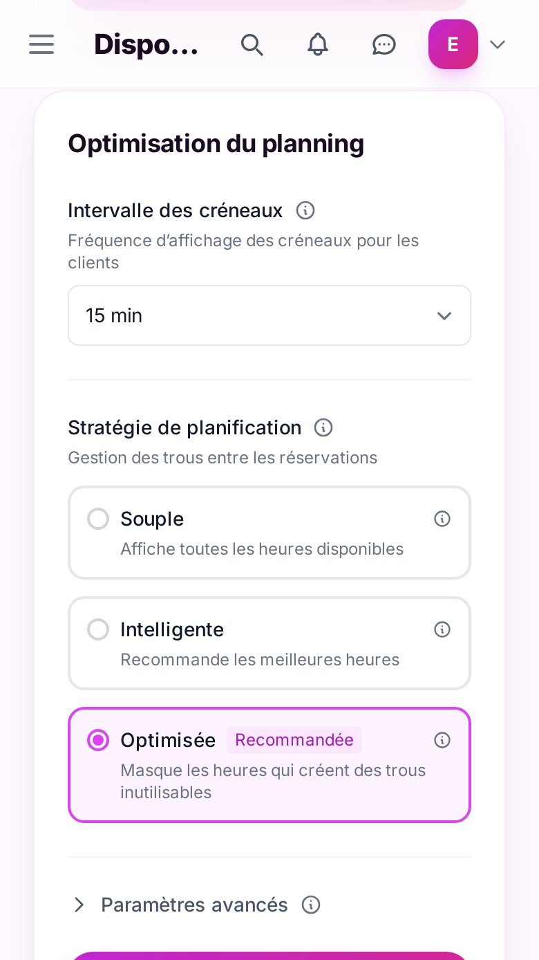 Le réglage d’optimisation du planning dans le tableau de bord
