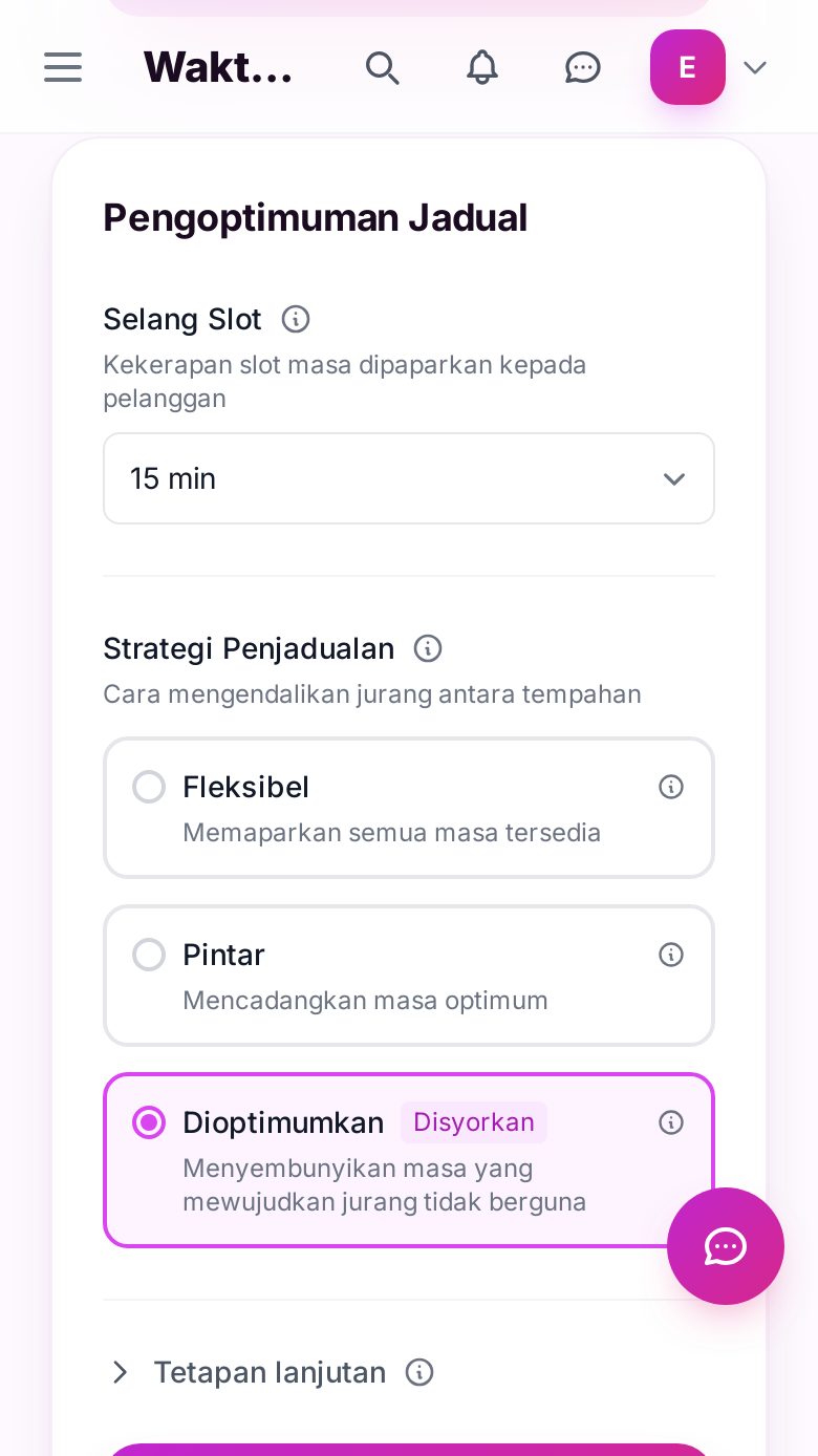 Tetapan pengoptimuman jadual di papan pemuka