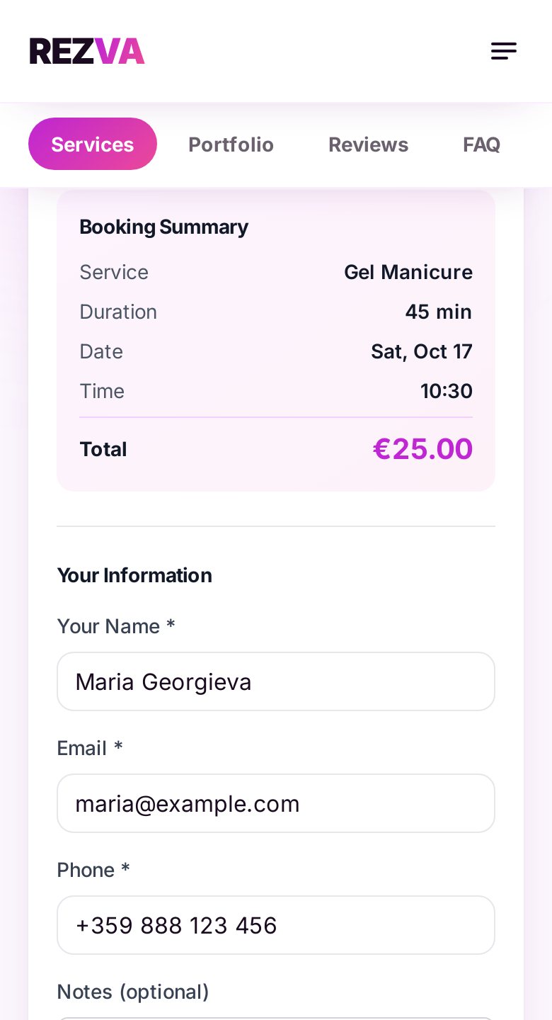 The booking summary and the client details on REZVA