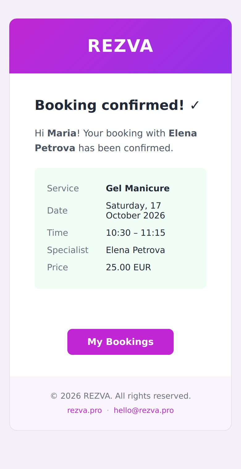 A REZVA booking confirmation email