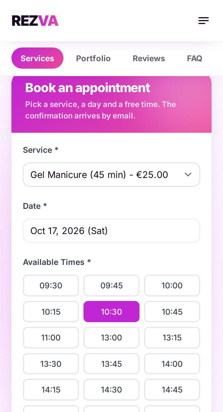 Picking a service, a day and a time on REZVA