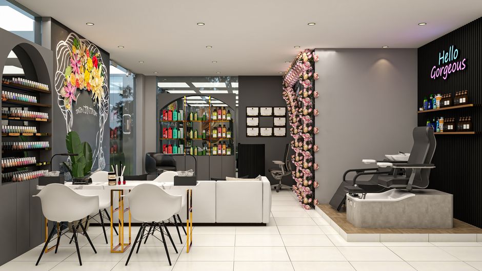 Modern hair salon interior design in Delhi featuring vibrant decor and luxurious seating arrangements.